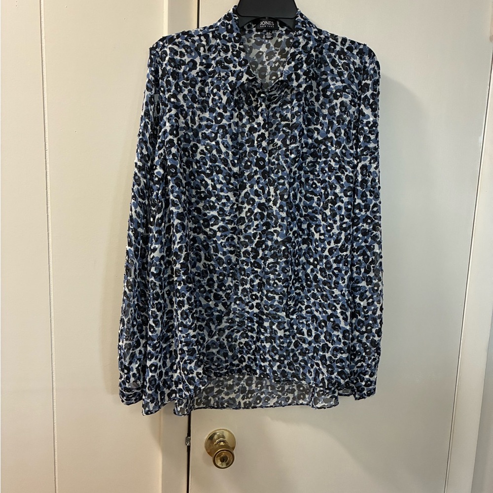 Jones New York Blue and Black Patterned Blouse